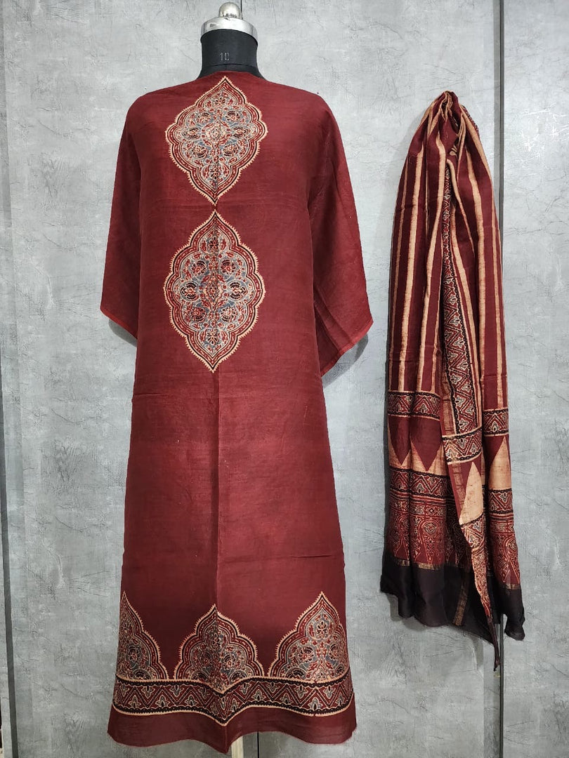 AJRAKH HAND BLOCK PRINTED  CHANDERI SILK  2 PIECE SUIT  SET MF0042