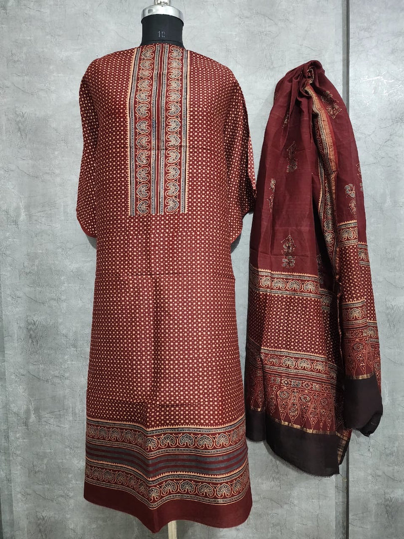 AJRAKH HAND BLOCK PRINTED  CHANDERI SILK  2 PIECE SUIT  SET MF0042