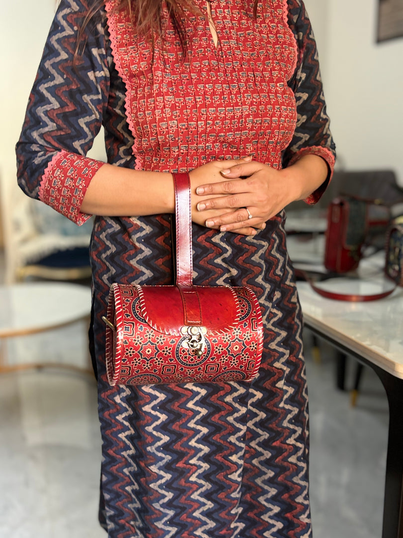 PURE LEATHER BAG WITH MASHRU SILK AJRAKH FABRIC