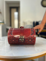 Load image into Gallery viewer, PURE LEATHER BAG WITH MASHRU SILK AJRAKH FABRIC
