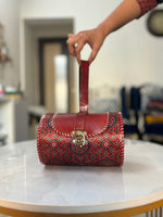 Load image into Gallery viewer, PURE LEATHER BAG WITH MASHRU SILK AJRAKH FABRIC
