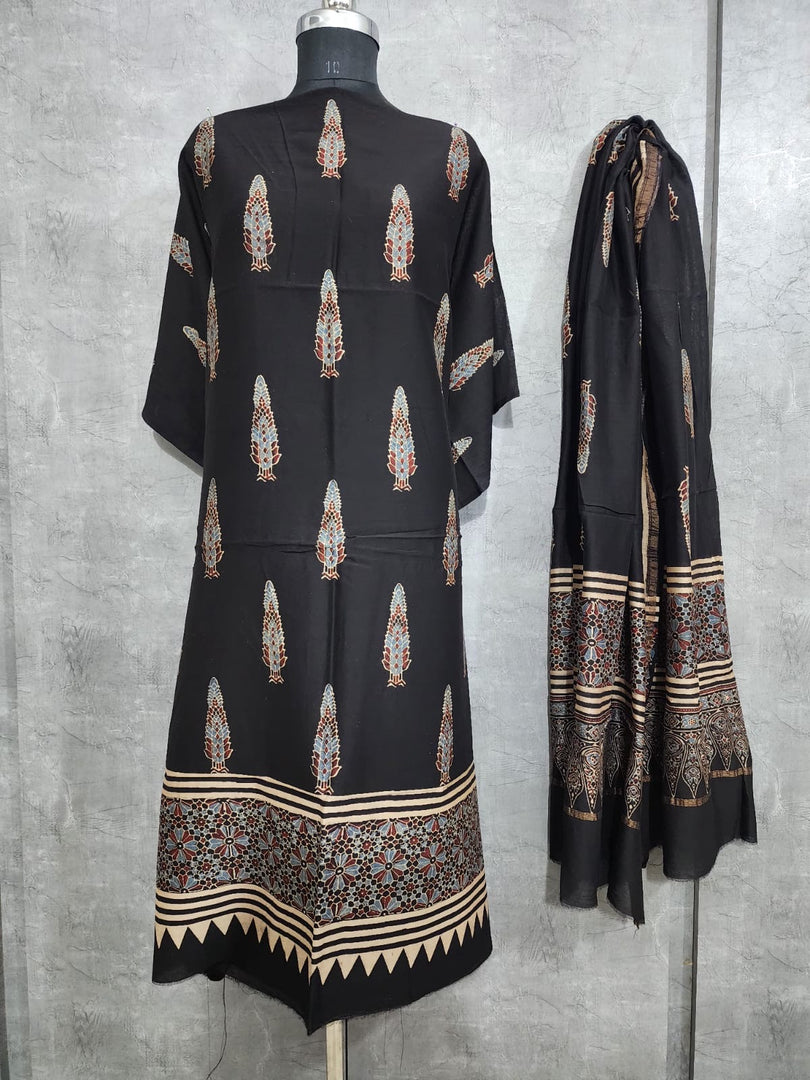 AJRAKH HAND BLOCK PRINTED  CHANDERI SILK  2 PIECE SUIT  SET MF0042