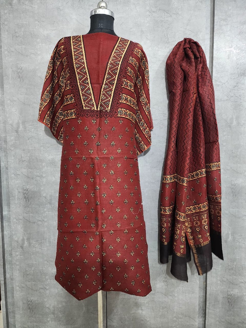 AJRAKH HAND BLOCK PRINTED  CHANDERI SILK  2 PIECE SUIT  SET MF0042