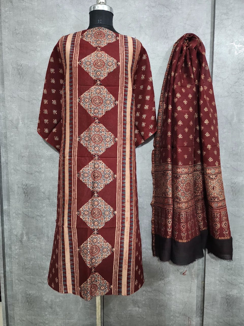 AJRAKH HAND BLOCK PRINTED  CHANDERI SILK  2 PIECE SUIT  SET MF0042